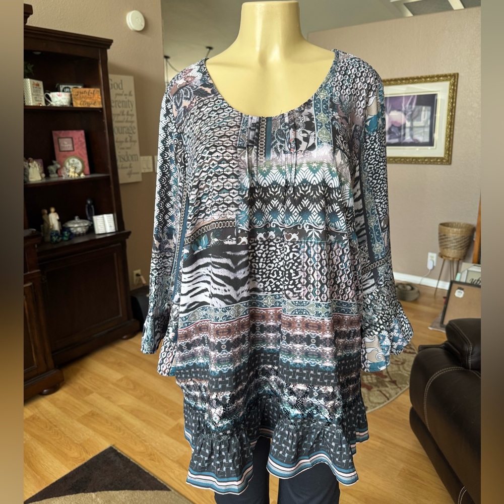 One World multicolored boho type 3/4 ruffled sleeves tunic-size 1X